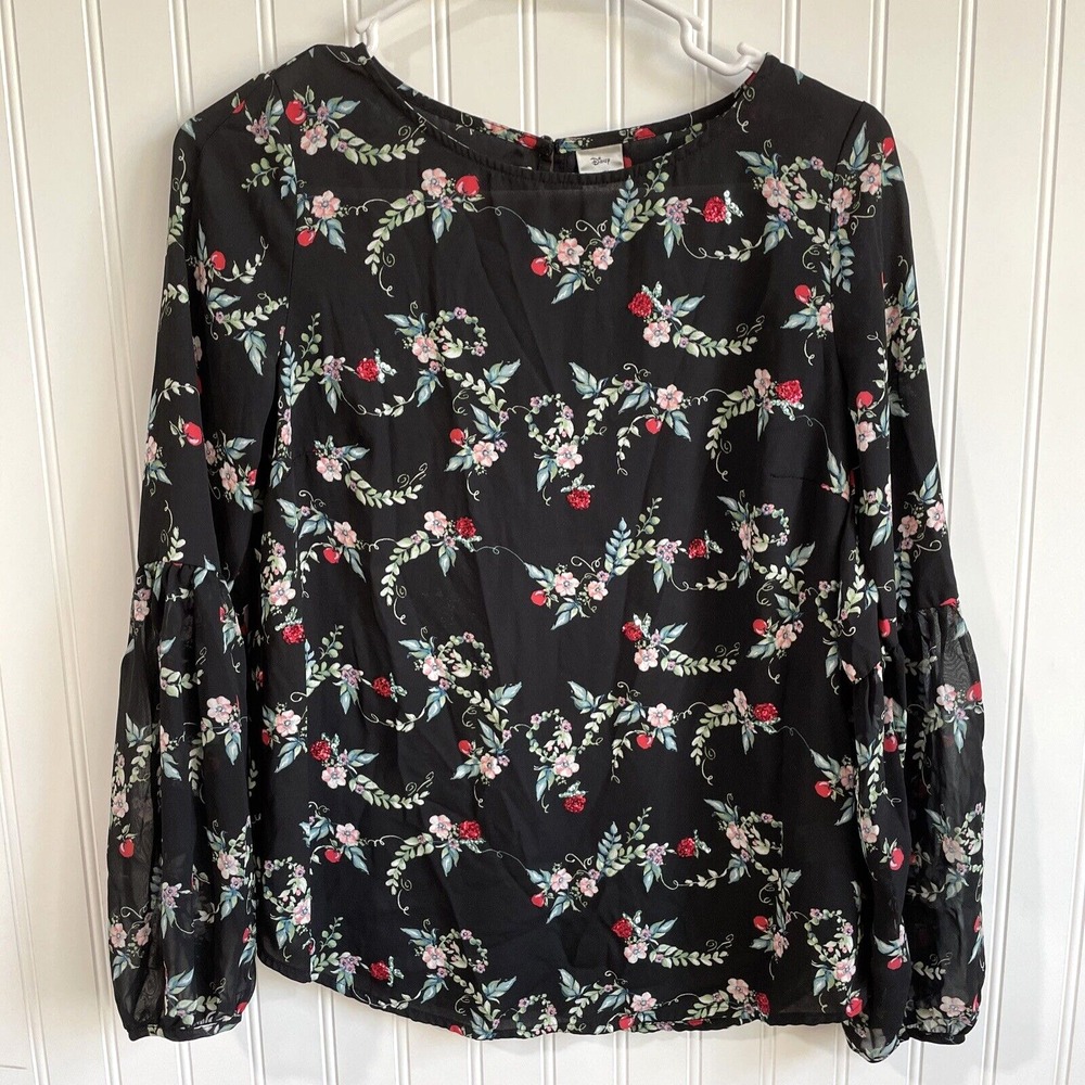 Disney LC Lauren‎ Conrad Snow White Floral Apple Sequin Balloon Sleeve Blouse XS